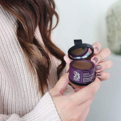 Black root touch-up spray by Style Edit in 0.13 oz bottle, designed to conceal gray roots and blend with natural hair color.