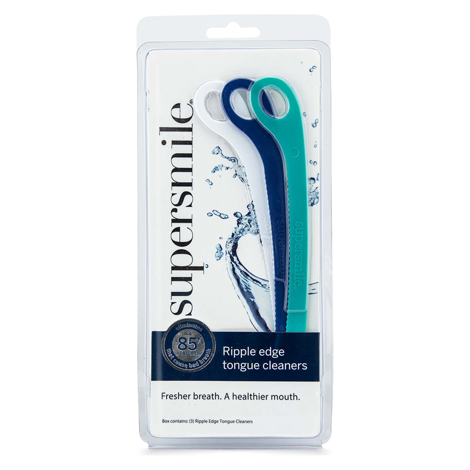 Supersmile Rippled Edge Tongue Cleaner 3-pack with 5 oz each, designed for effective tongue cleaning and fresh breath.