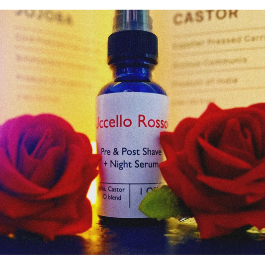 Uccello Rosso Pre and Post Shave and Night Serum by Pasteur Pharmacy, 1 oz bottle with label and applicator.