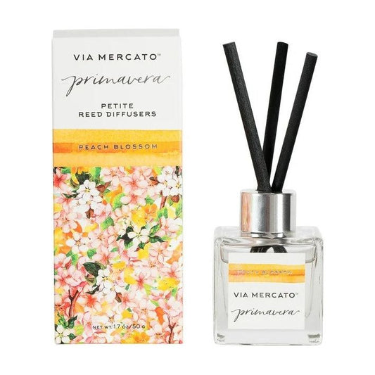 Via Mercato Primavera Peach Blossom petite reed diffuser by Pasteur Pharmacy, 1.7oz bottle with floral design and reed sticks.