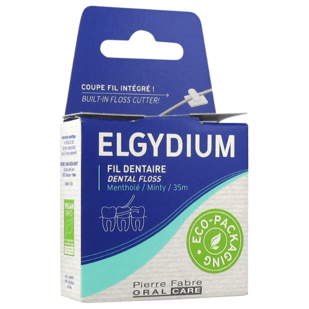 Elgydium menthol waxed dental floss by Pasteur Pharmacy, 35 meters, showing the floss in a package with mint flavor branding.