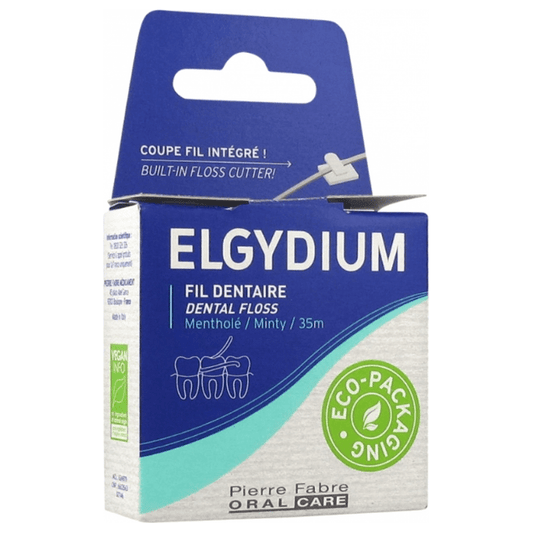 Elgydium menthol waxed dental floss by Pasteur Pharmacy, 35 meters, showing the floss in a package with mint flavor branding.