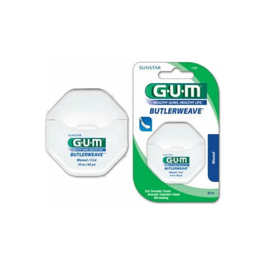GUM Butlerweave Super Strong Dental Floss by Pasteur Pharmacy, 55m length, displaying the floss packaging and texture.