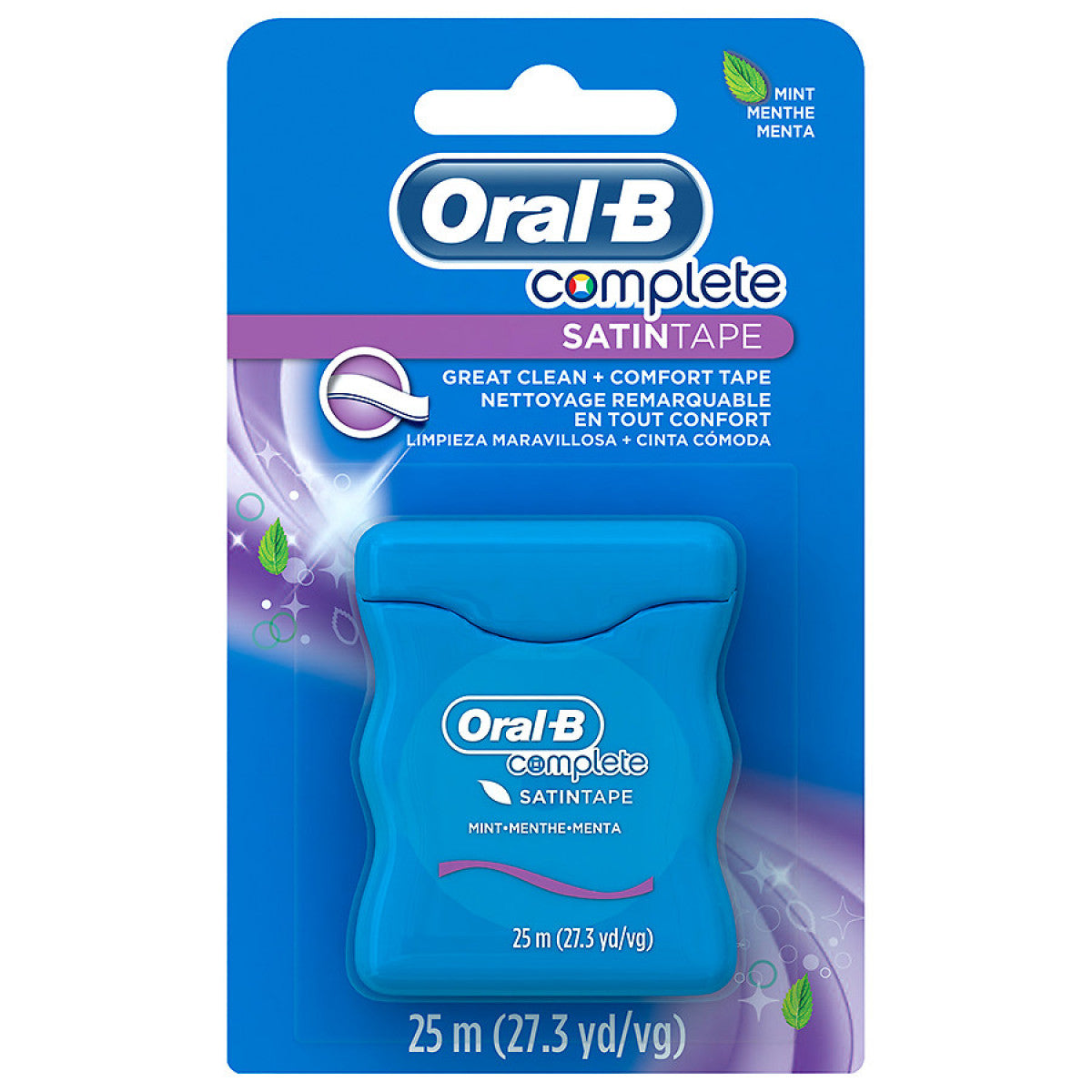 Oral-B Complete Satin Tape Dental Floss in mint flavor, 25 meters, designed for effective plaque removal and oral hygiene.