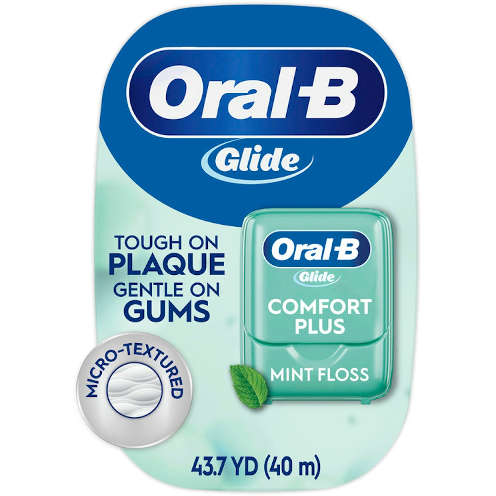 Oral-B Glide Pro-Health Comfort Plus dental floss in mint flavor, 43.7 yards, designed for effective cleaning between teeth.