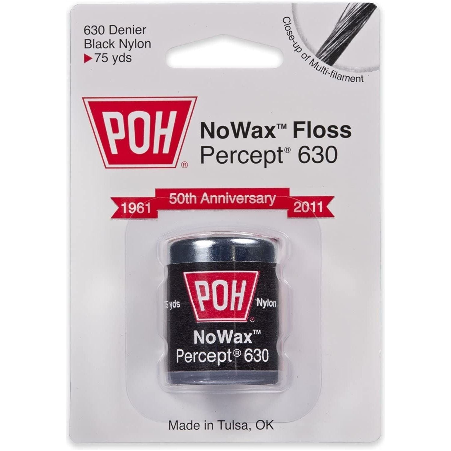Black No Wax Percept Dental Floss by Pasteur Pharmacy, thick nylon dental floss spool, 75 yards for effective oral cleaning.
