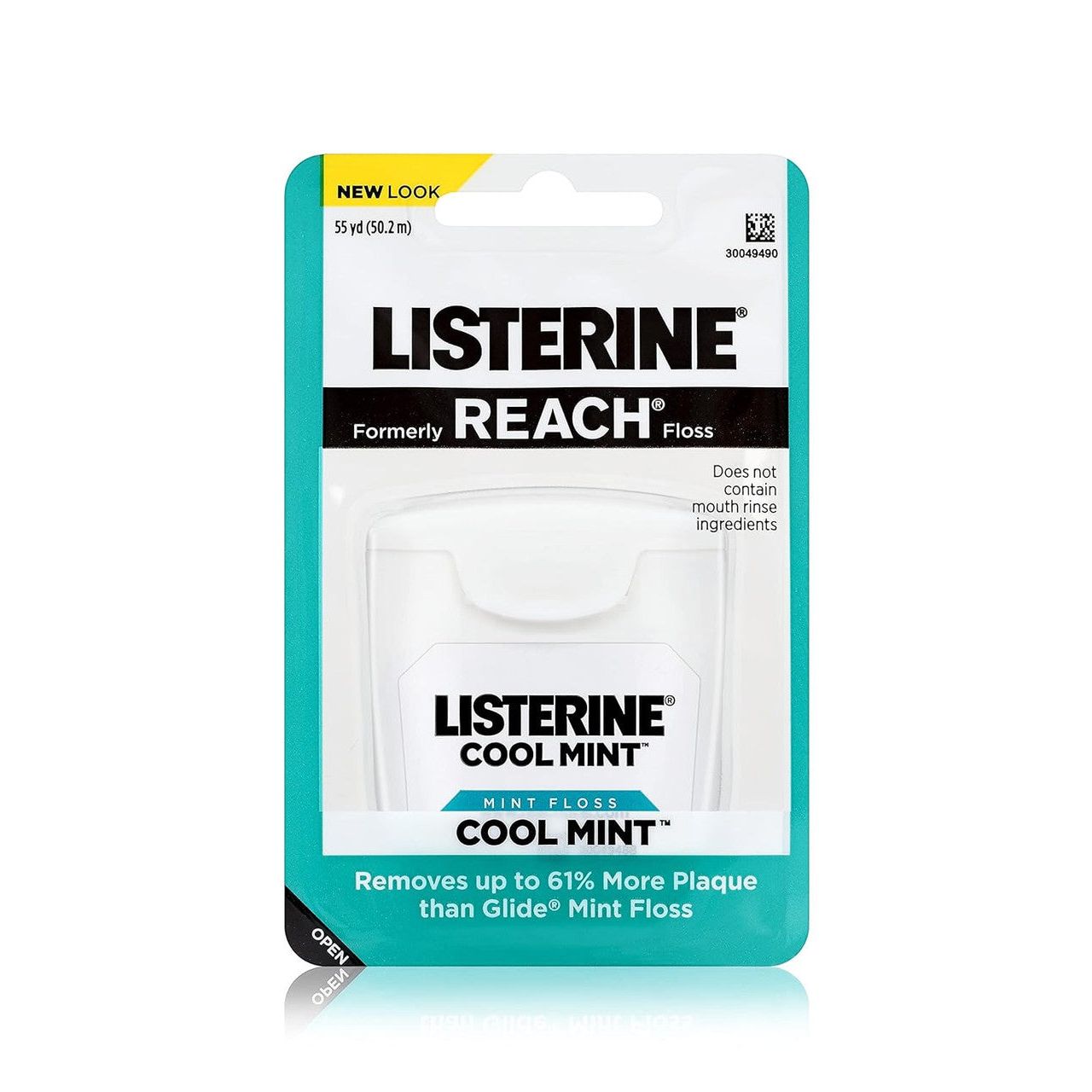 Reach Listerine Cool Mint Dental Floss, 55 yards, with mint flavor for effective plaque removal and fresh breath.
