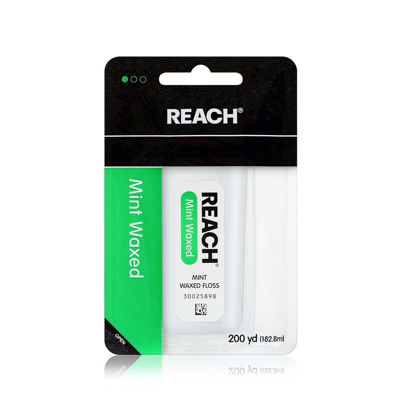 Reach Mint Waxed Dental Floss, 200 yards, shown in a close-up image highlighting the mint-flavored, waxed dental floss.