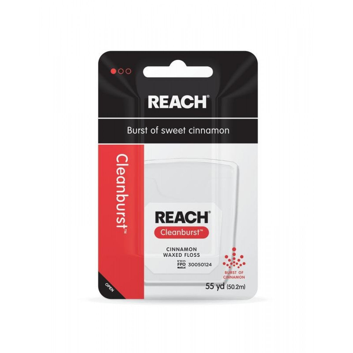 Reach Waxed Dental Floss Cinnamon 55Yd from Pasteur Pharmacy, showing the packaged dental floss with cinnamon flavor.