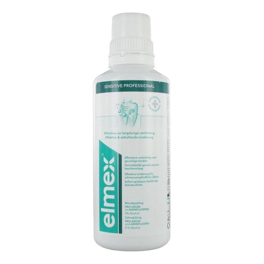 Elmex Sensitive Professional Dental Solution by Pasteur Pharmacy in 400ml bottle, supports decay prevention and oral sensitivity.