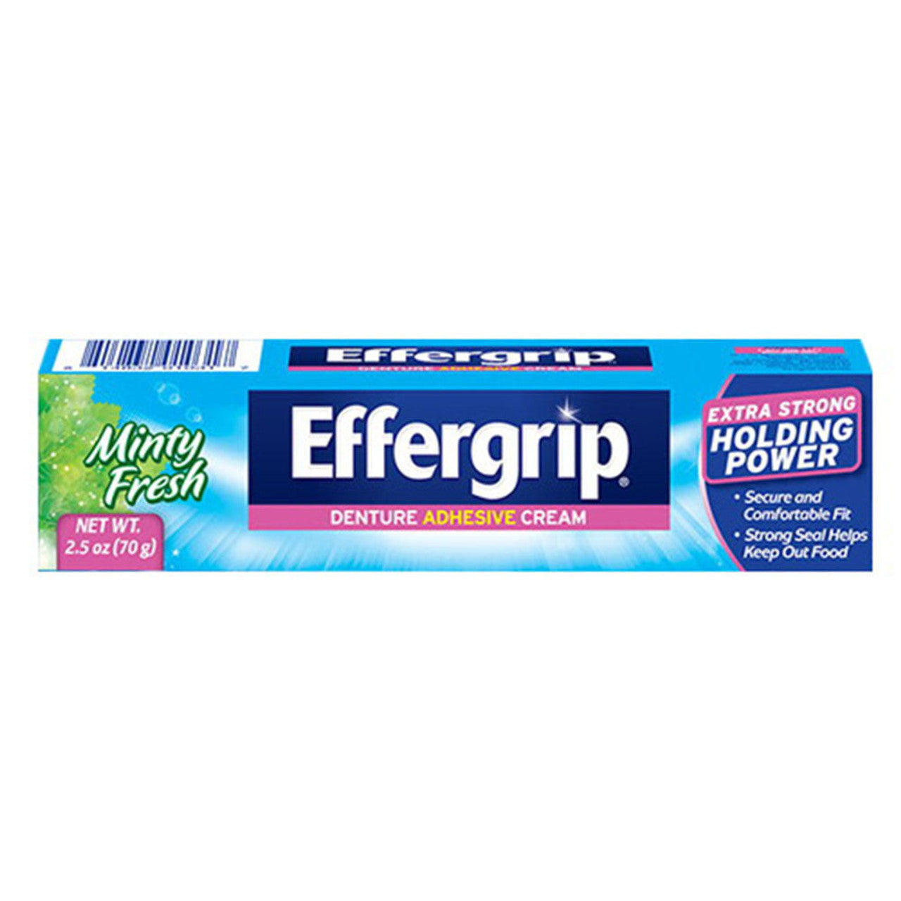 Effergrip Denture Adhesive Cream by Pasteur Pharmacy shows extra strong holding power for secure denture fit.