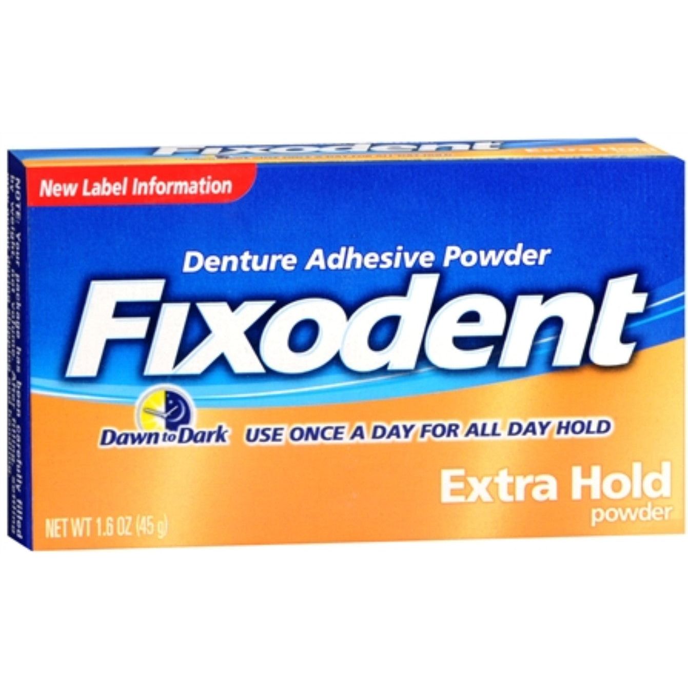 Fixodent Denture Adhesive Powder Extra Hold in 1.6 oz, shown in a container with denture adhesive powder for secure fit.