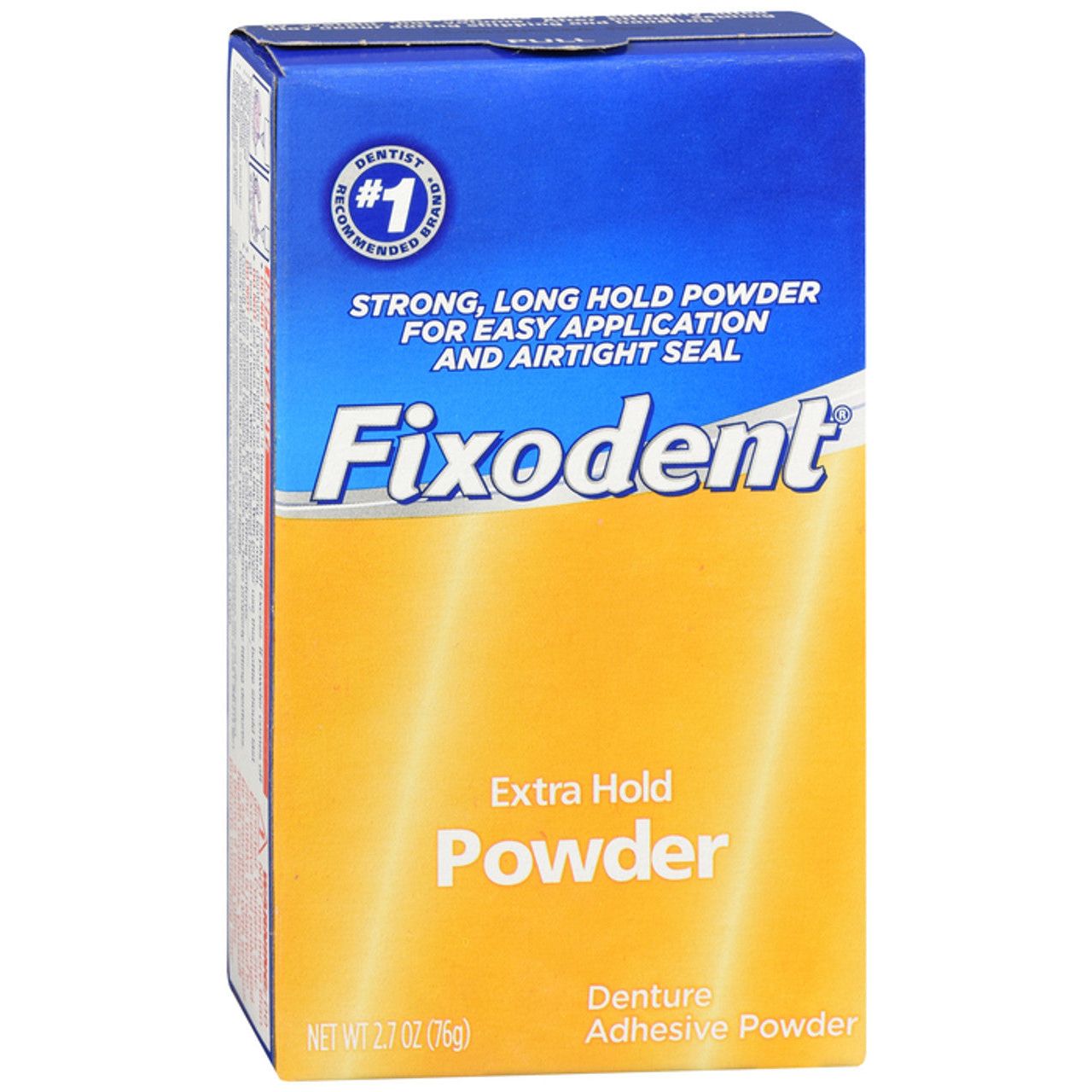 Fixodent Denture Adhesive Powder with Extra Hold in 2.7 oz (76 g) by Pasteur Pharmacy, providing strong denture stability.