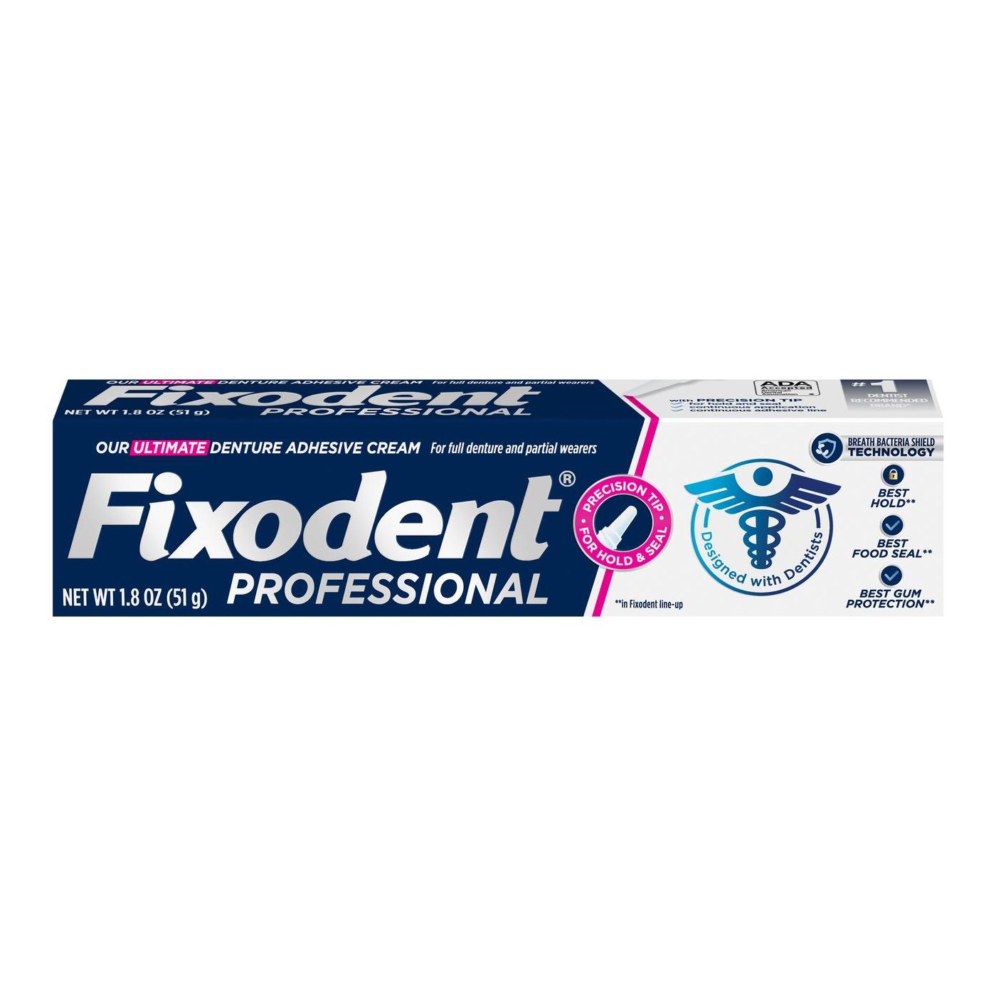 Fixodent Professional Ultimate Denture Adhesive Cream in 1.8 oz tube, used for secure denture fitting and comfort.