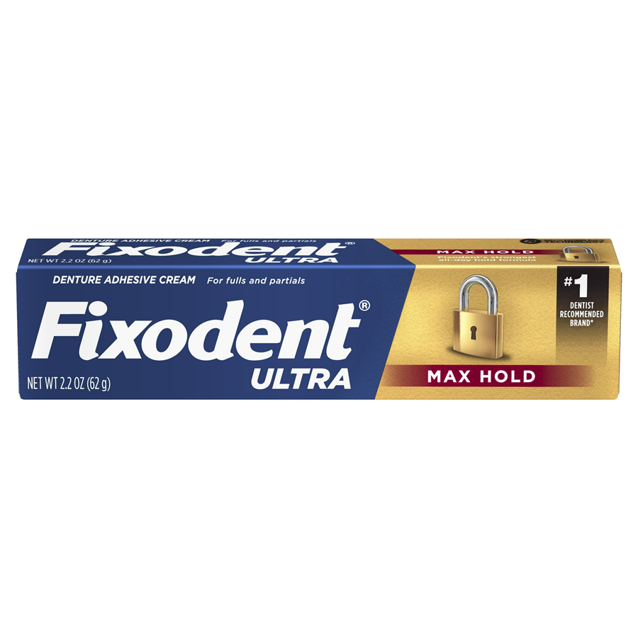 Fixodent Ultra Max Hold Denture Adhesive Cream in 2.2 oz tube, used for secure denture fit and comfort.