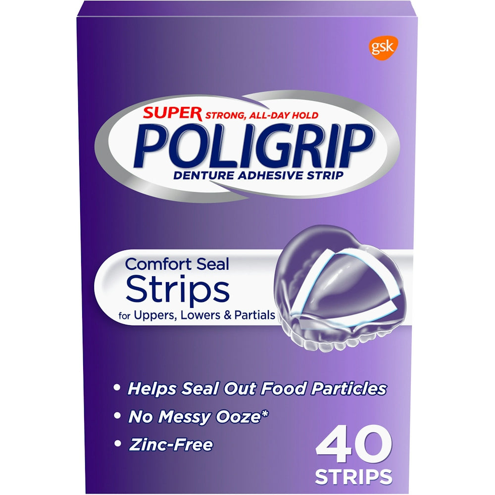 Super Poligrip Denture Adhesive Comfort Seal Strips by Pasteur Pharmacy, 40-count, shown in a blister pack on a white background.