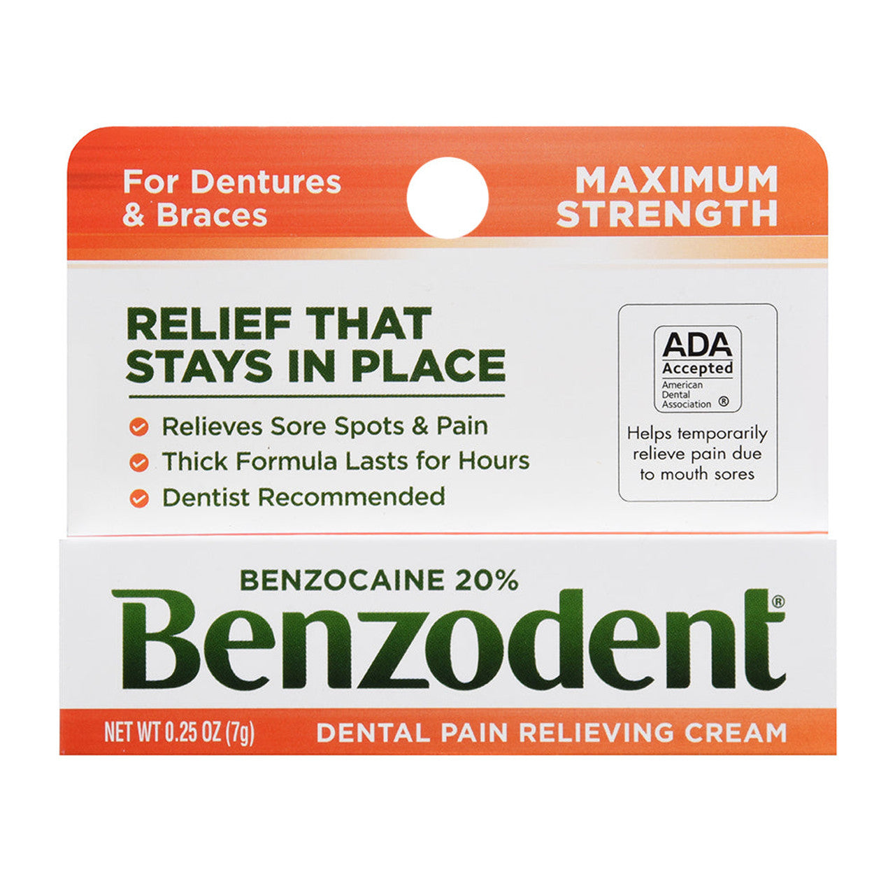 Benzodent Denture Pain Relieving Cream tube designed for denture comfort and relief on a white background.