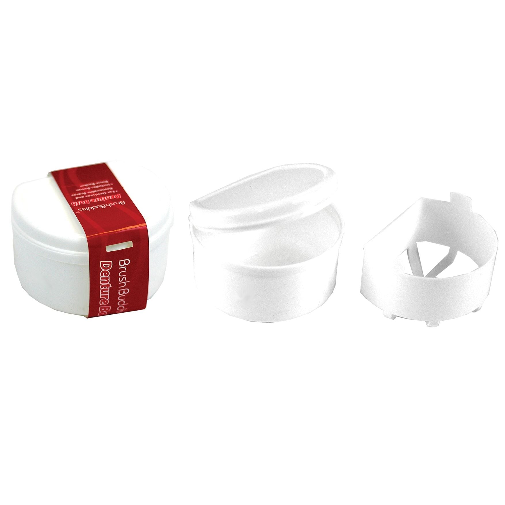 Brush Buddies Denture Bath for dentures by Pasteur Pharmacy, showing a clean denture soaking in the bath.