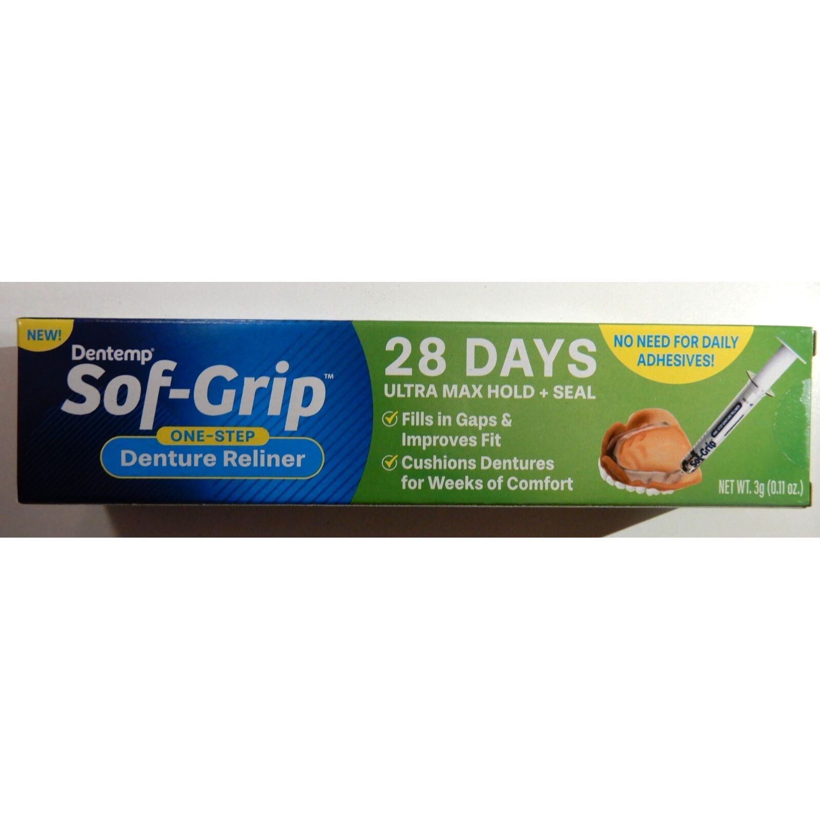 Dentemp Sof-Grip One-Step Denture Reline kit with soft acrylic resin for loose dentures, 0.11 oz, by Pasteur Pharmacy.