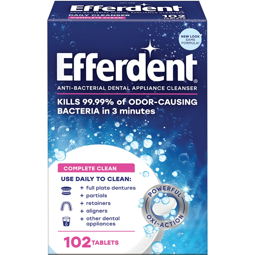 Efferdent Complete Clean Denture and Retainer Cleanser Tablets by Pasteur Pharmacy, showing a box of cleaning tablets for dentures.