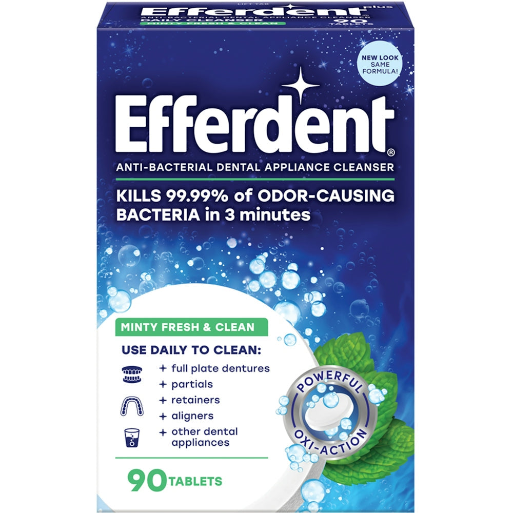 Efferdent Denture Cleanser tablets in a value pack, antibacterial and mint-flavored for cleaning dentures.