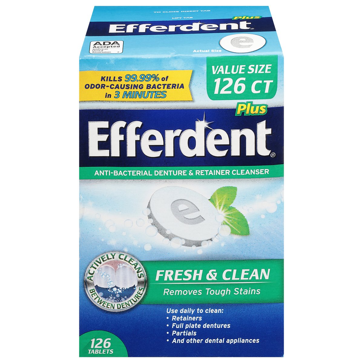 Efferdent Plus antibacterial denture and retainer cleanser tablets by Pasteur Pharmacy, fresh and clean for dentures and retainers.