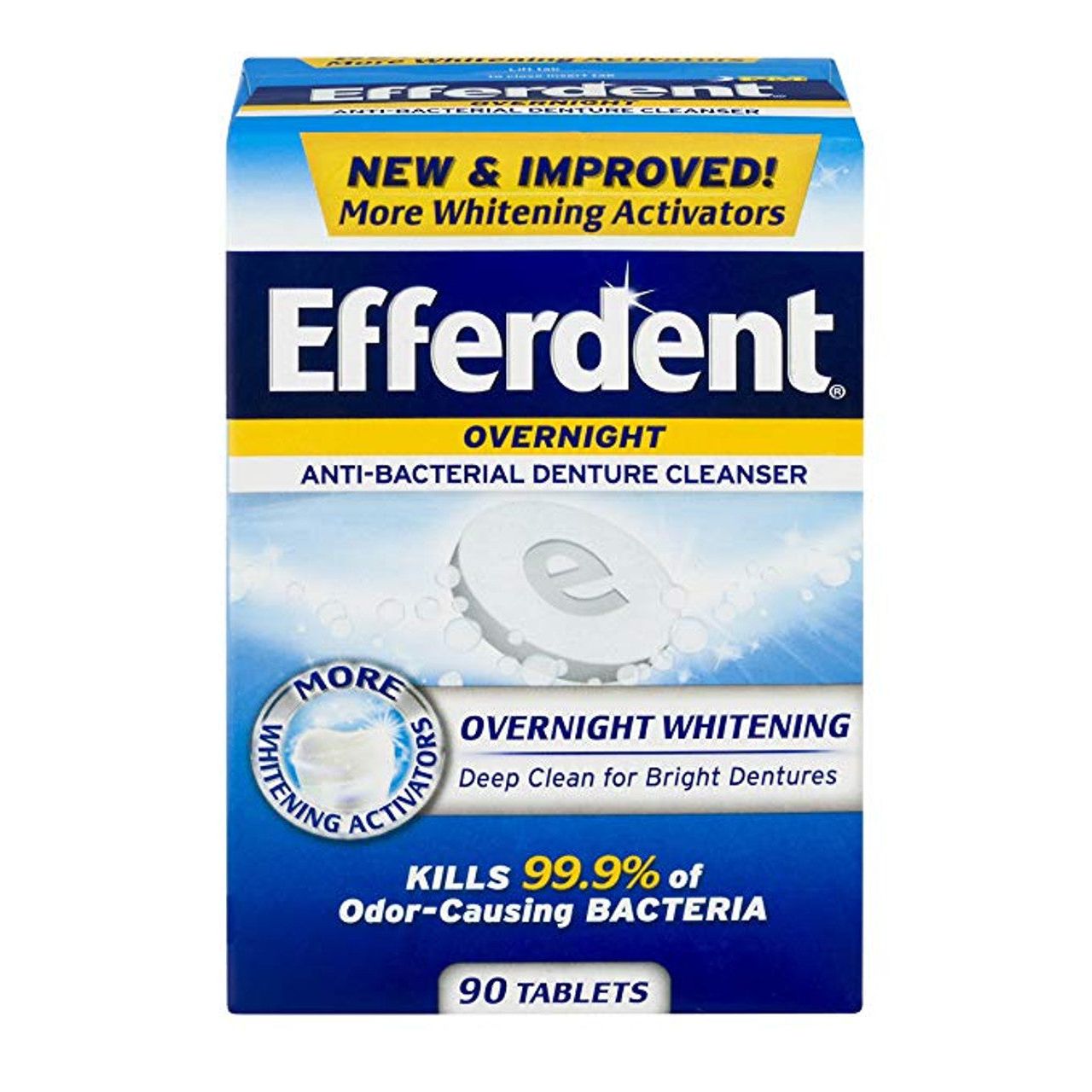 Efferdent PM overnight antibacterial denture cleanser tablets for cleaning dentures, shown in a box with tablets inside.