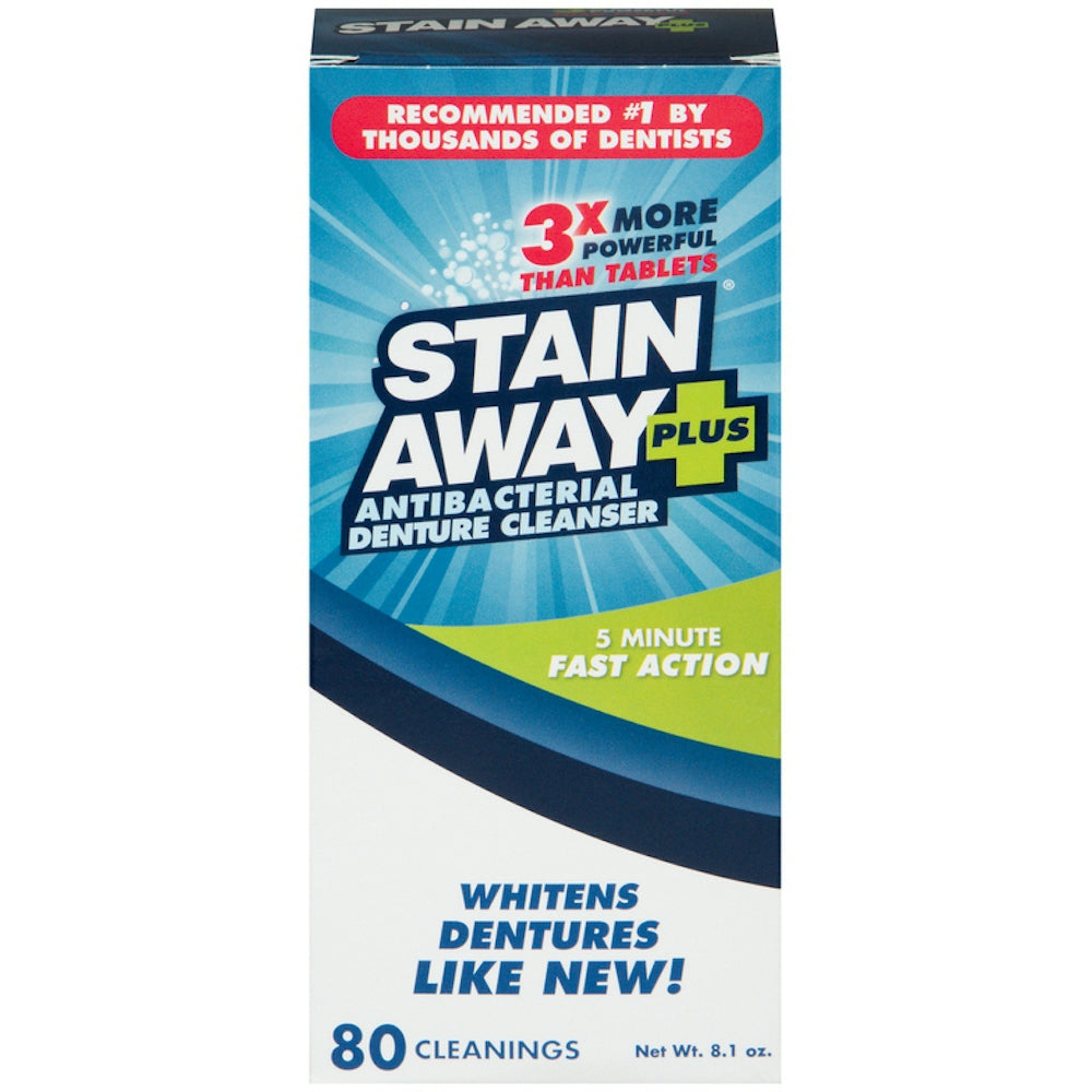 Denture cleaner bottle labeled Stain Away Plus by Pasteur Pharmacy, professional strength denture cleaning solution, 8 oz.
