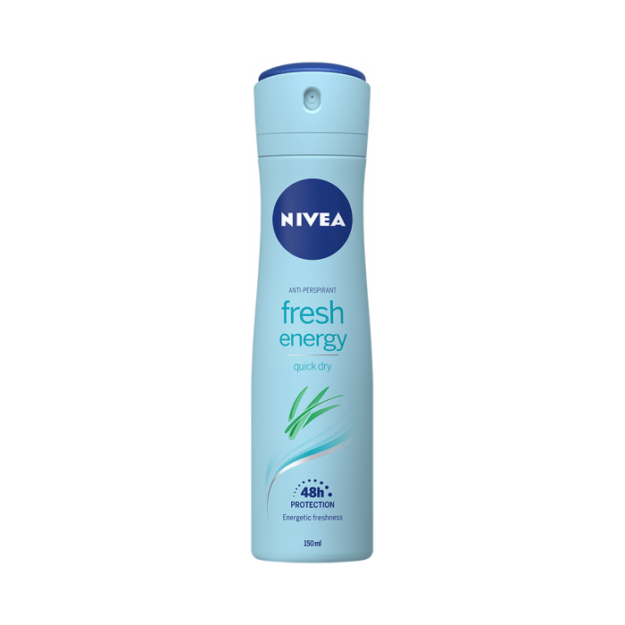 Nivea Energy Fresh Deo Spray in 150ml bottle, featuring vibrant packaging and spray nozzle for refreshing underarm scent.