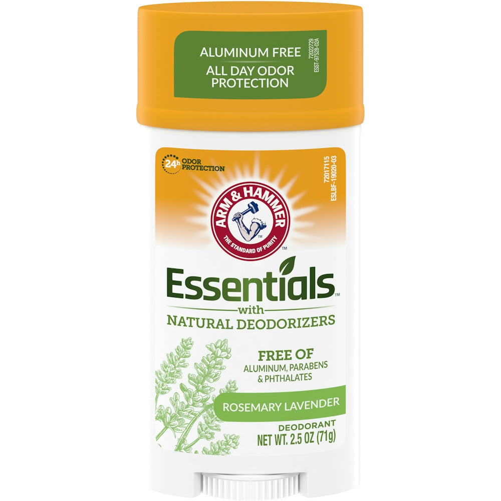 Arm & Hammer Essentials Fresh Rosemary Lavender natural deodorant in a wide stick, 2.5 oz, with floral and herbal scent visible in the image.