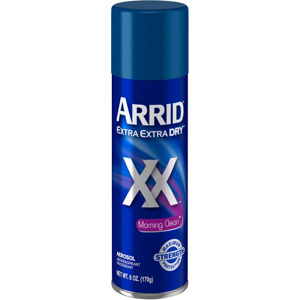 Arrid XX Extra Extra Dry Antiperspirant Deodorant Spray in Morning Clean scent, 6 oz, with a spray bottle and label visible.