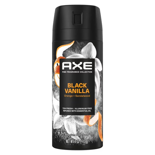 Axe Black Vanilla body spray for men in a 4 oz deodorant and anti-perspirant bottle with black vanilla scent.