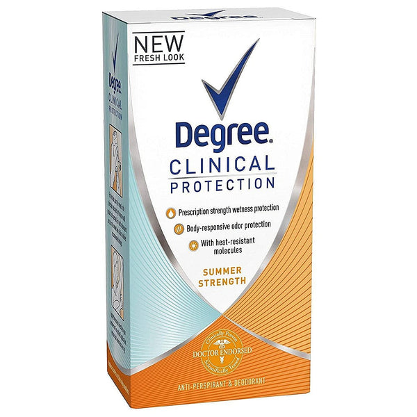 Degree Clinical Protection Summer Strength antiperspirant and deodorant in 1.7oz stick, designed for effective sweat and odor control.