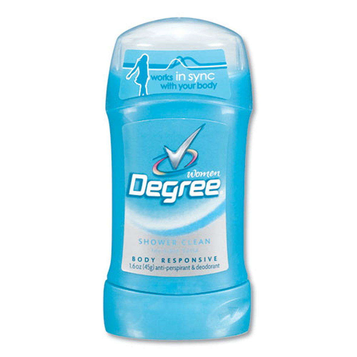 Degree Dry Protection antiperspirant deodorant stick in shower clean scent, 1.6 oz, showing the white solid stick and packaging.