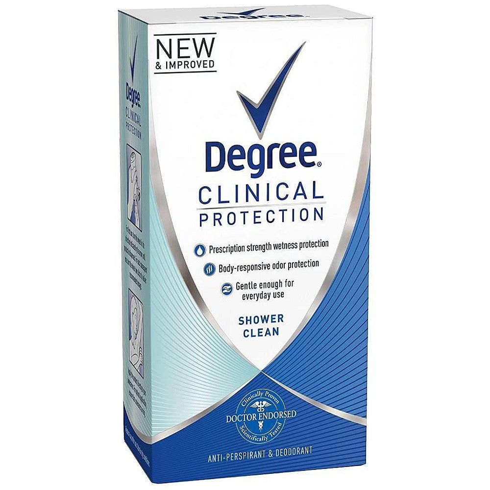 Degree Women Clinical Protection Antiperspirant Deodorant in Shower Clean scent, 1.7 oz, natural white stick with blue cap.