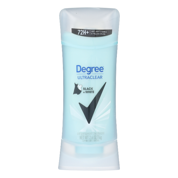 Degree Women UltraClear Antiperspirant Deodorant stick in black and white, 2.6 oz, featuring a sleek stick design.