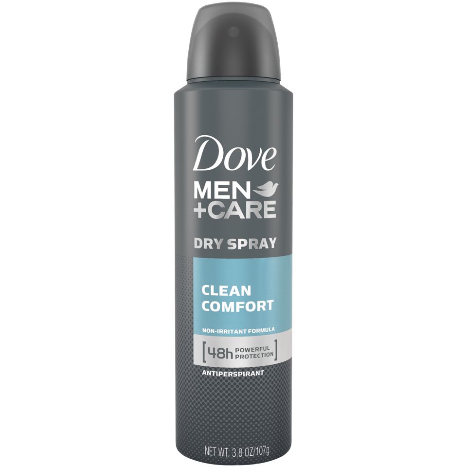Dove Men+Care Dry Spray Antiperspirant in Clean Comfort scent, 3.8 oz, showcasing the deodorant bottle with label.
