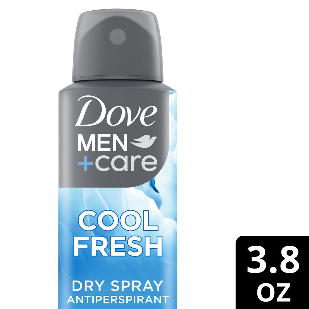 Dove Men+Care Dry Spray Antiperspirant in Cool Fresh scent, 3.8 oz, in a white aerosol can with blue accents.