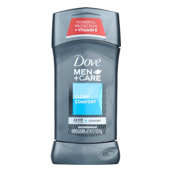 Dove Men Plus Care Clean Comfort antiperspirant deodorant stick, 2.7 oz, in a white plastic container with a blue cap.