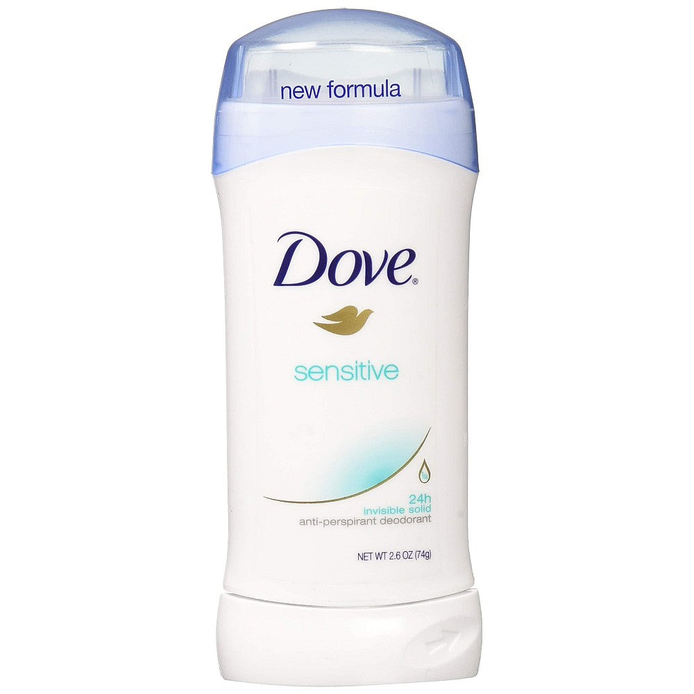 Dove Sensitive Skin Invisible Solid Antiperspirant and Deodorant Stick, 2.6 oz, in a white packaging with a smooth application surface.