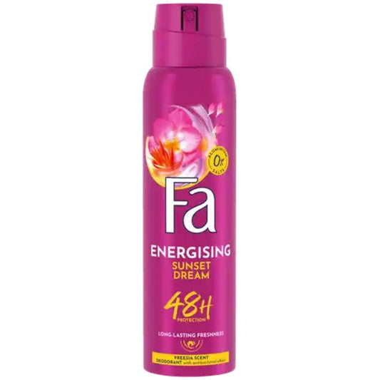 Fa Energising Sunset Dream 48h deodorant spray from Pasteur Pharmacy, 150ml bottle with a vibrant sunset-themed label.
