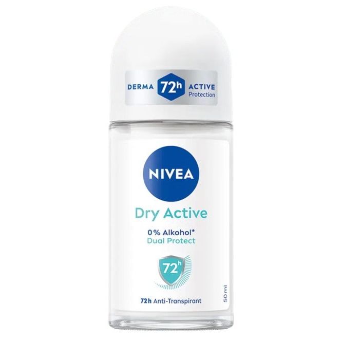 NIVEA Dry Active 72h Anti-Perspirant Roll-On for Women in 50ml bottle, deodorant and anti-perspirant product.