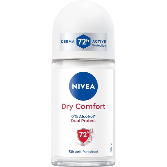 NIVEA Dry Comfort 72h anti-perspirant roll-on deodorant with dual protect formula and 0% alcohol in a 50ml bottle.