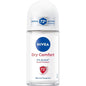 NIVEA Dry Comfort 72h anti-perspirant roll-on deodorant with dual protect formula and 0% alcohol in a 50ml bottle.