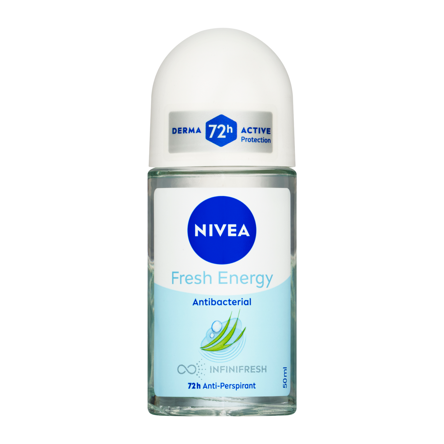 NIVEA Fresh Energy 72h anti-perspirant roll-on deodorant with antibacterial properties and lemongrass extract in a 50ml bottle.