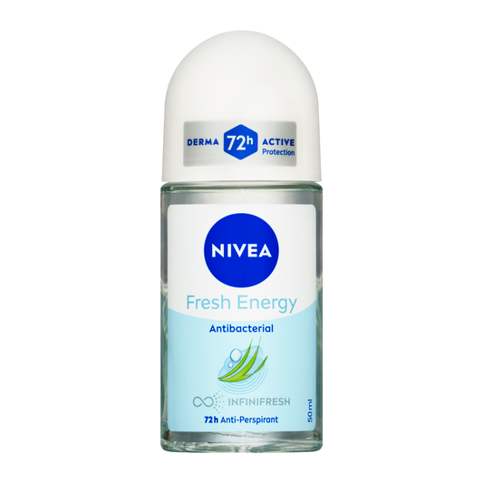 NIVEA Fresh Energy 72h anti-perspirant roll-on deodorant with antibacterial properties and lemongrass extract in a 50ml bottle.