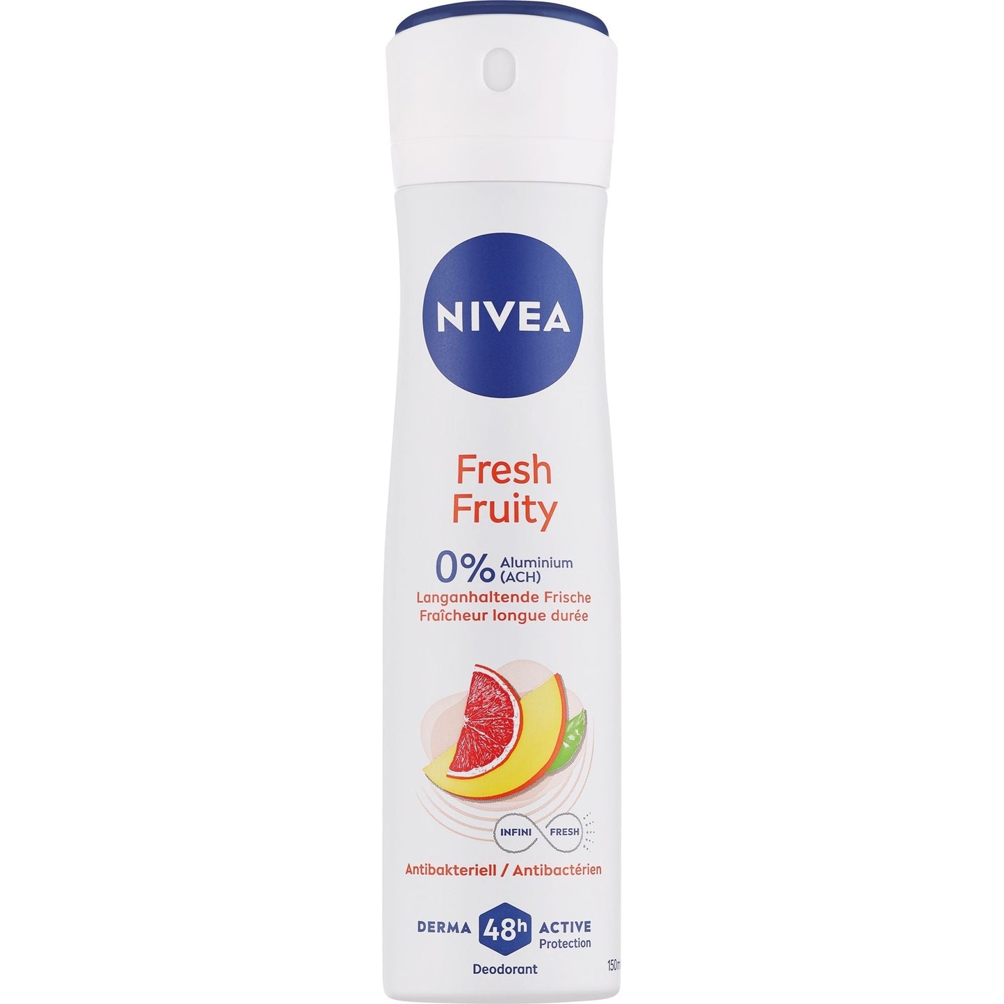 NIVEA Fresh Fruity Deodorant Spray 0% Aluminum, 150ml, anti-perspirant with 48-hour protection, in a white and colorful aerosol can
