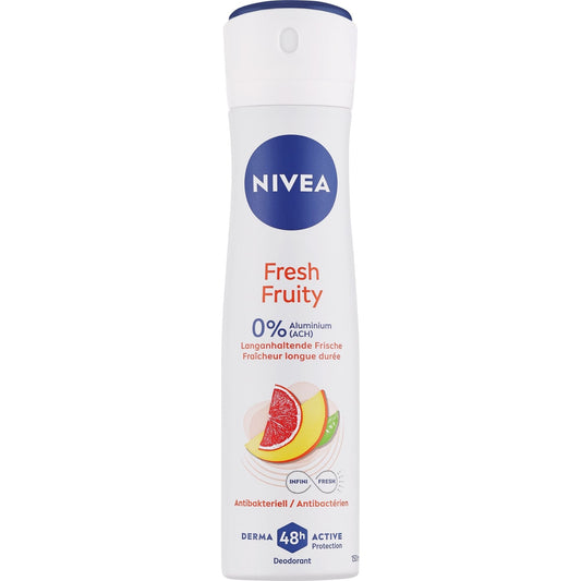 NIVEA Fresh Fruity Deodorant Spray 0% Aluminum, 150ml, anti-perspirant with 48-hour protection, in a white and colorful aerosol can