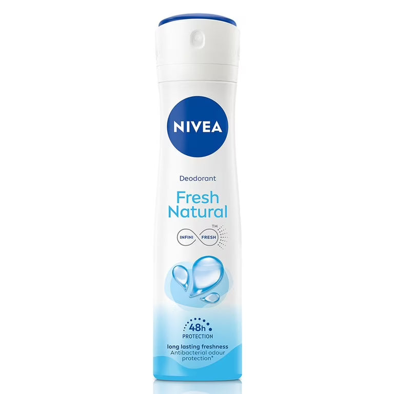 NIVEA Fresh Natural Deodorant Spray with Marine Extracts in 150ml bottle, providing 48-hour odor and sweat protection.