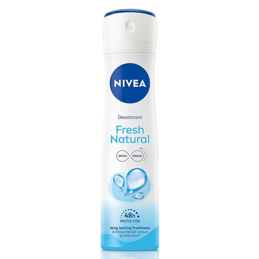 NIVEA Fresh Natural Deodorant Spray with Marine Extracts in 150ml bottle, providing 48-hour odor and sweat protection.